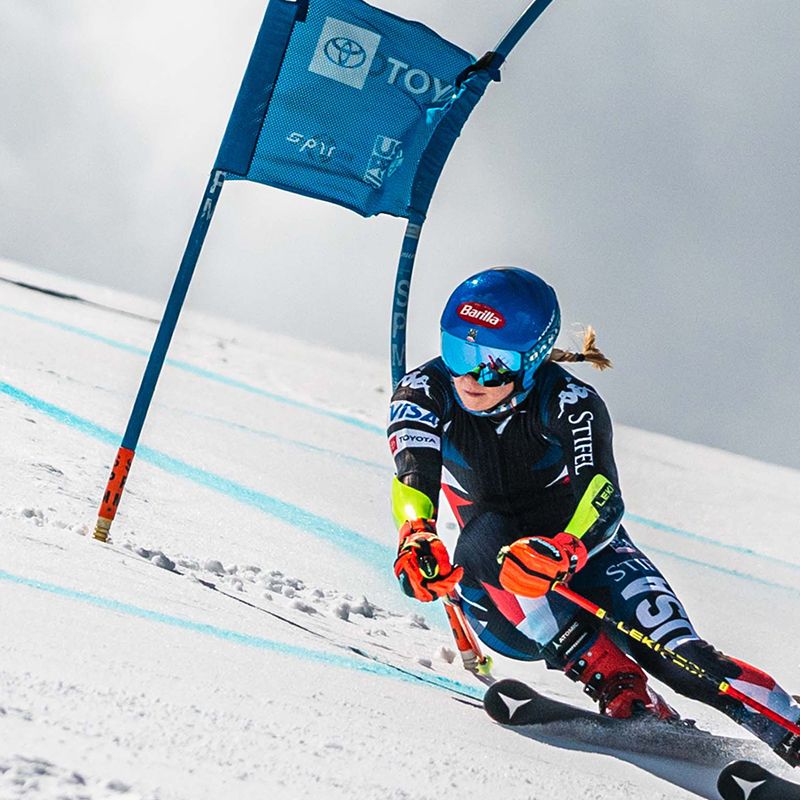 Stifel Copper Cup female skier racing next to a gate icon image